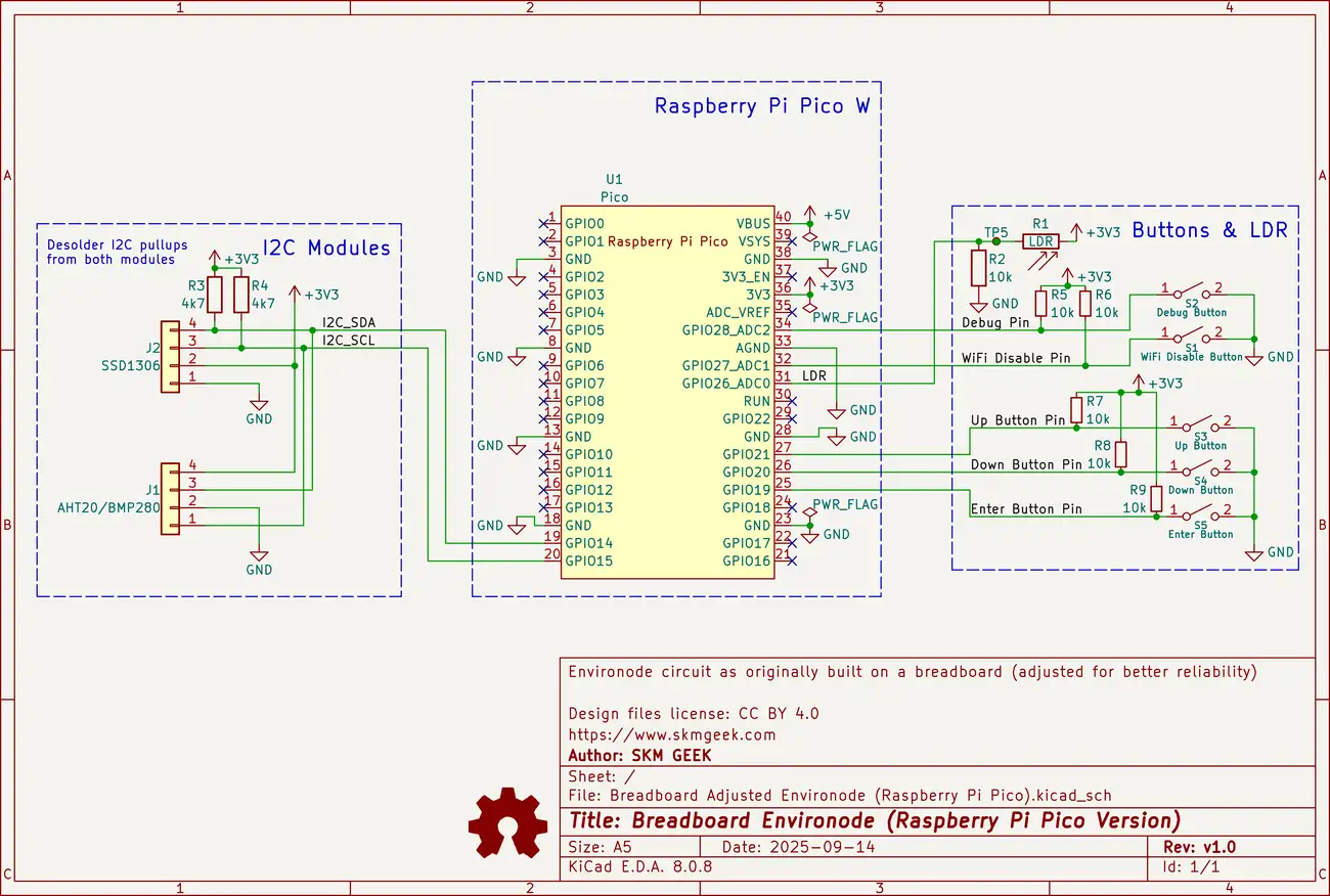 Schematic drawing for the adjusted breadboard version of the Raspberry Pi Pico Environode